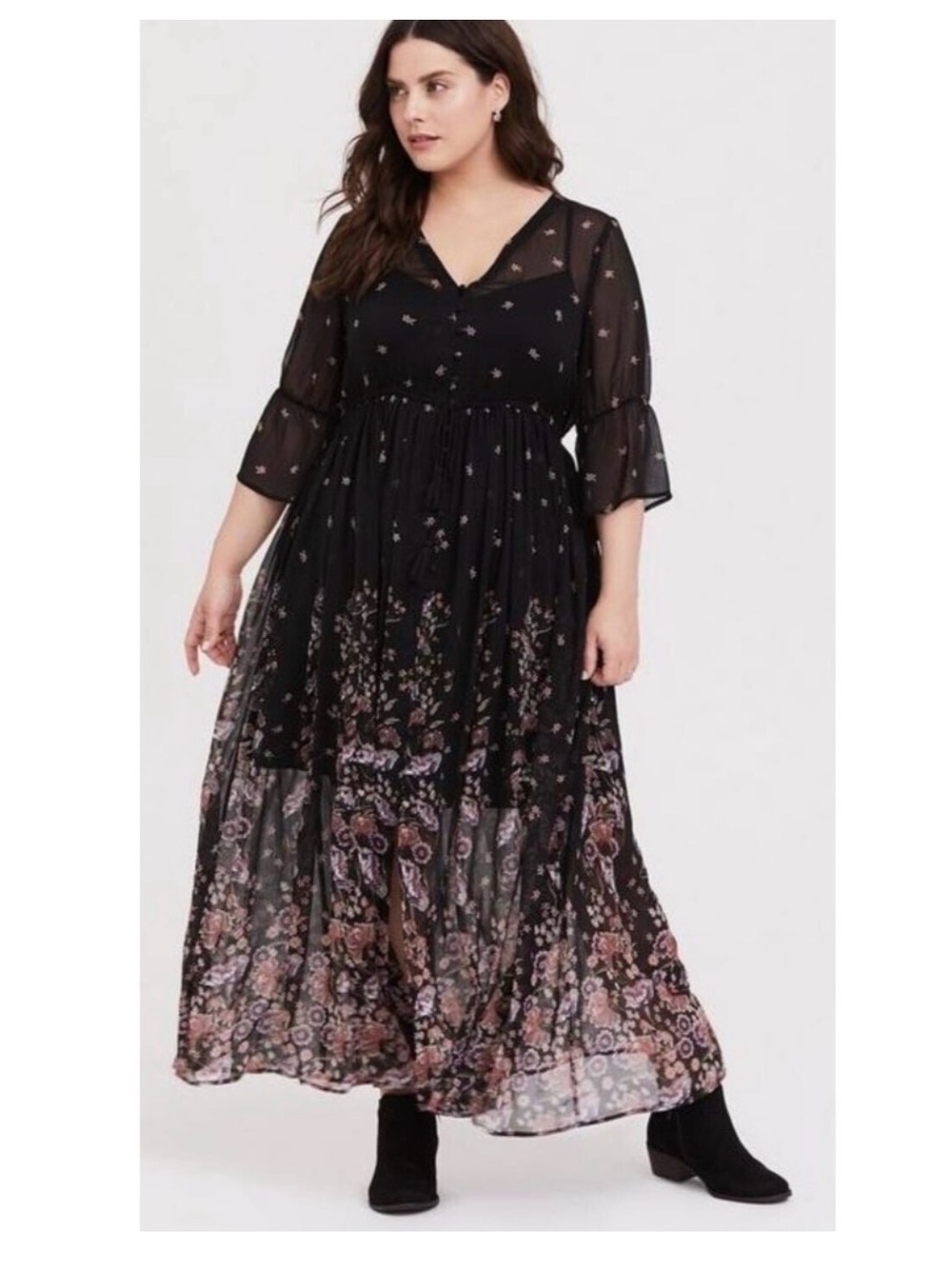 Torrid Black Floral Sheer Maxi Dress with V-Neck